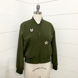 Hippie Rose Army Green Aviator Sequin Bomber Jacker, Size Large